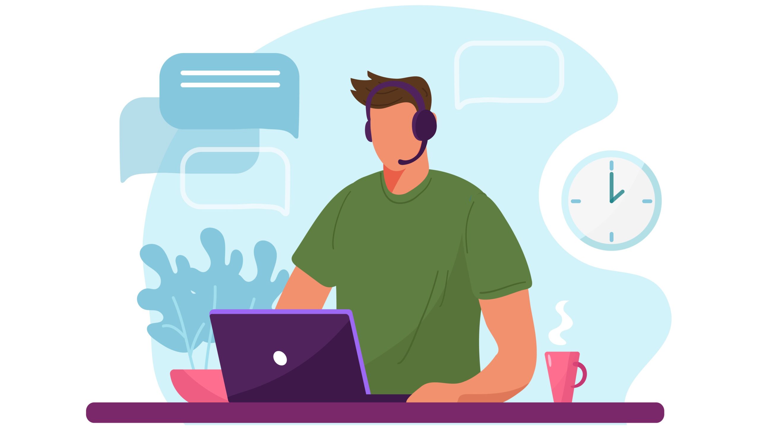 Man with headphone and computer, call center, customer service and support. Flat vector illustration concept of distance work, distance education