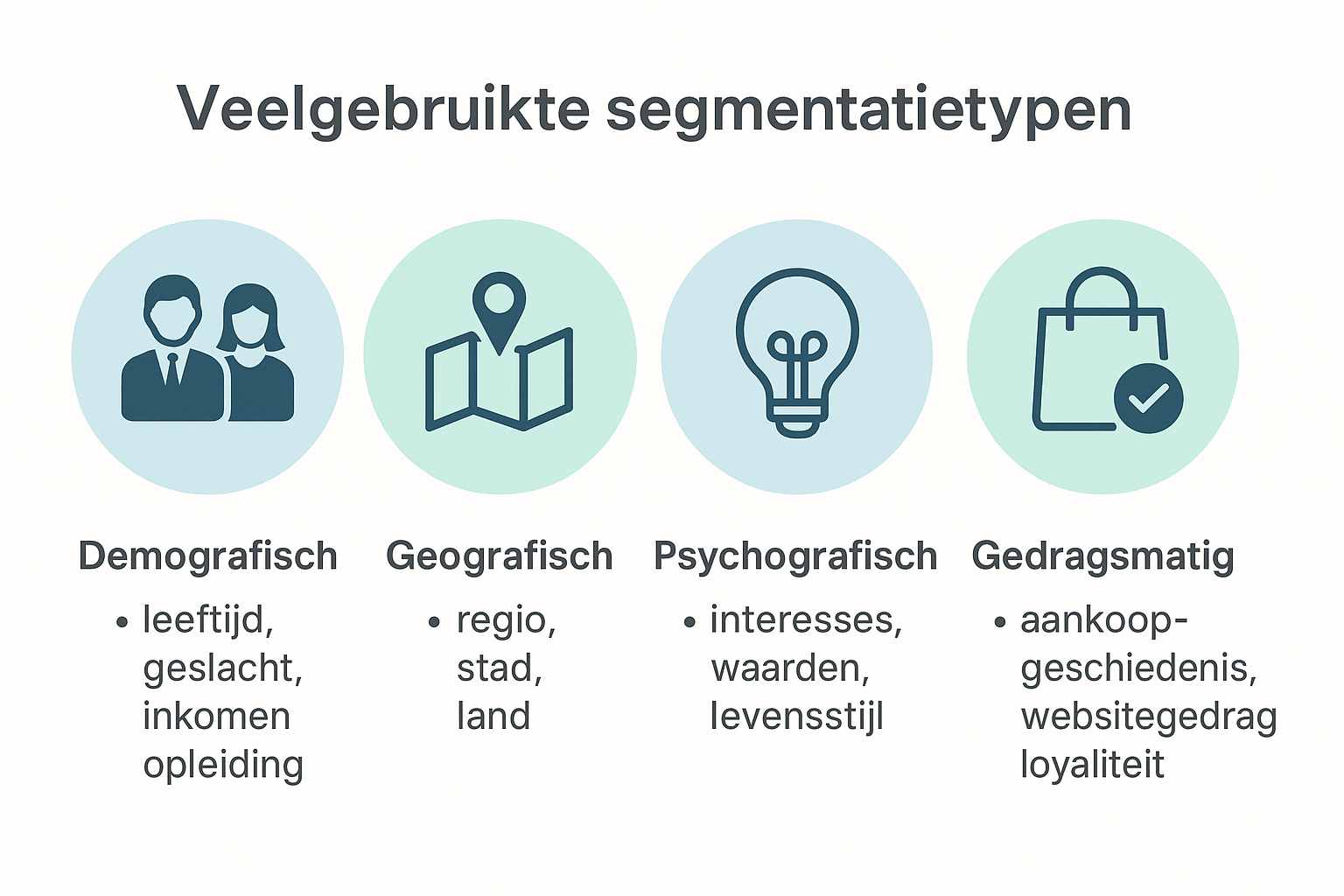segmentatie types: demografisch, geografisch, psychografisch en gedragsmatig