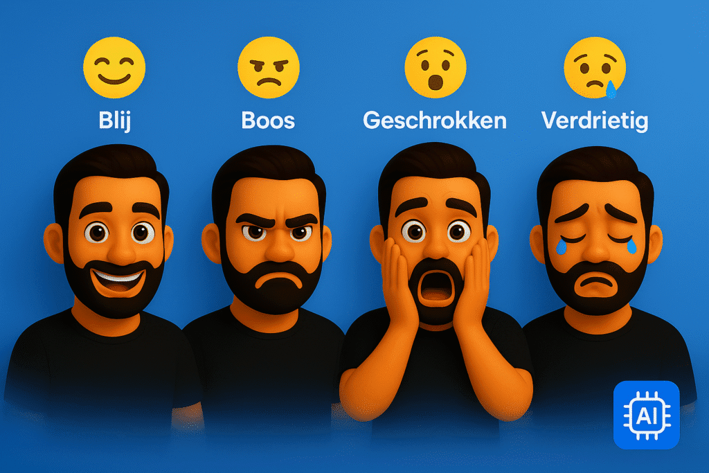 Verschillende gezcihtsuitdrukkingen en sentimenten en een AI chip op de voorgrond. Beeld sentimentanalyse uit