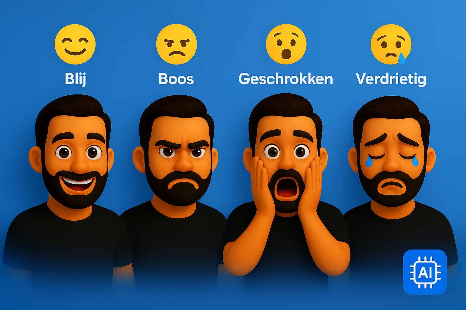 Verschillende gezcihtsuitdrukkingen en sentimenten en een AI chip op de voorgrond. Beeld sentimentanalyse uit