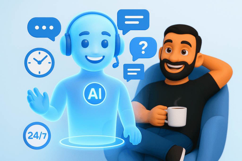 24/7 customer support en klantvragen beantwoorden met het klantportaal van Mobile XL. Op de foto is een AI hologram te zien die vragen beantwoord om te visualiseren dat je 24/7 klantvragen kunt beantwoordne doormiddel van automatisering. Op de achtergrond een 3D avatar die tevreden achterover leunt met een kopje koffie.