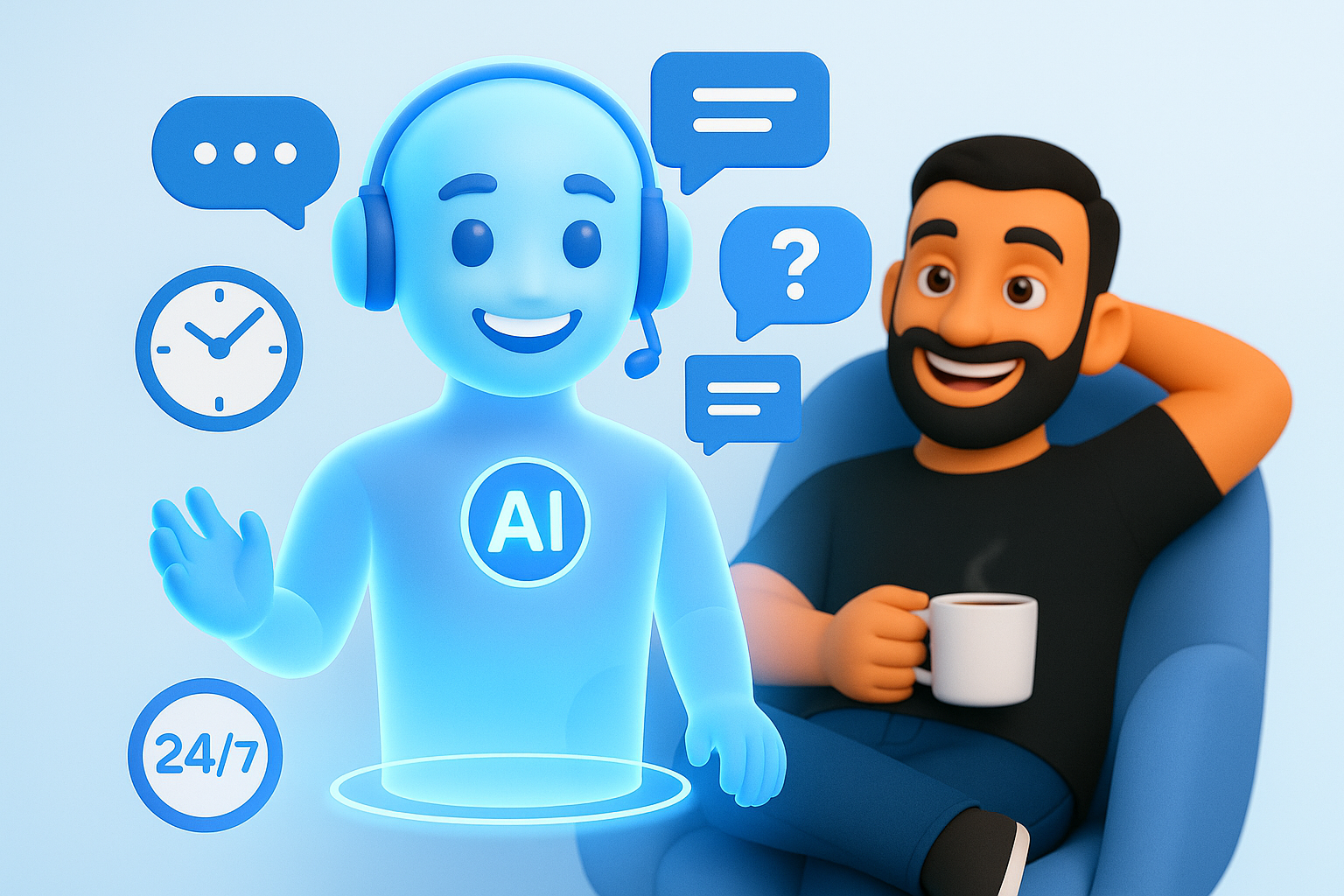 24/7 customer support en klantvragen beantwoorden met het klantportaal van Mobile XL. Op de foto is een AI hologram te zien die vragen beantwoord om te visualiseren dat je 24/7 klantvragen kunt beantwoordne doormiddel van automatisering. Op de achtergrond een 3D avatar die tevreden achterover leunt met een kopje koffie.